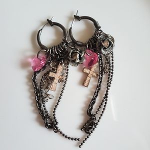 Vintage Betsey Johnson Long Chain Dangle Drop Earrings Crystal Heart Charms